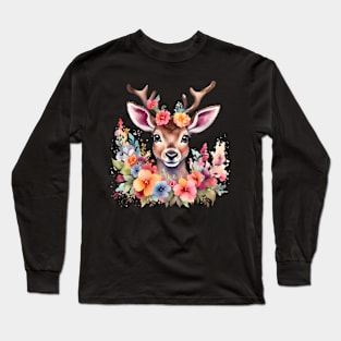 A deer decorated with beautiful watercolor flowers Long Sleeve T-Shirt